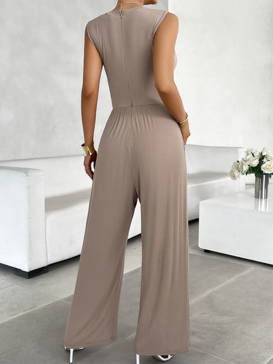 Spring and Summer Cinched Waist Jumpsuit with Flowing Legs