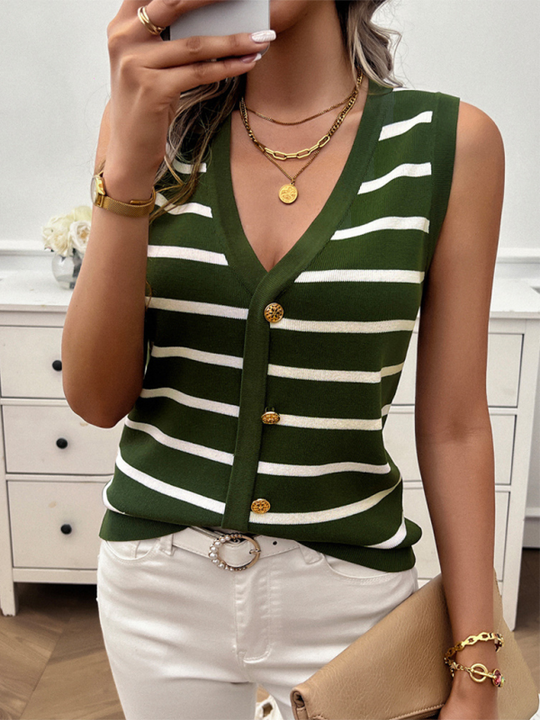 Spring and Summer Women's Casual Striped Button-Up Sleeveless Cardigan