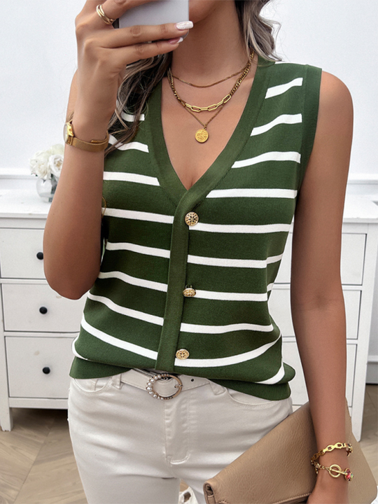 Spring and Summer Women's Casual Striped Button-Up Sleeveless Cardigan