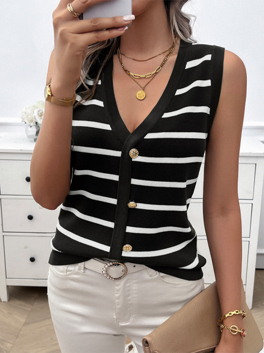 Spring and Summer Women's Casual Striped Button-Up Sleeveless Cardigan